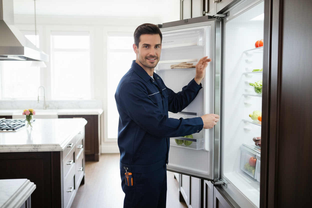 Technician inspecting a Thermador refrigerator